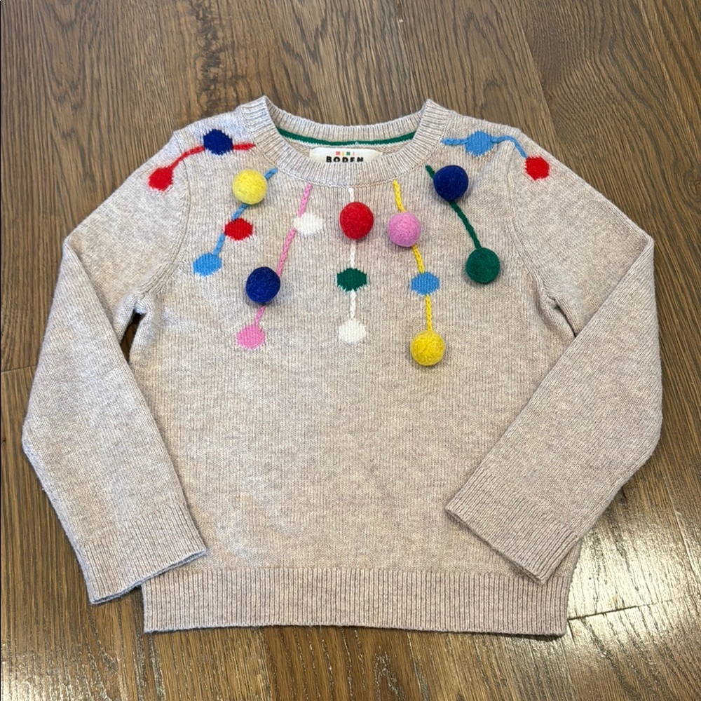 Mini Boden Beige Sweater with Colorful Pom Poms